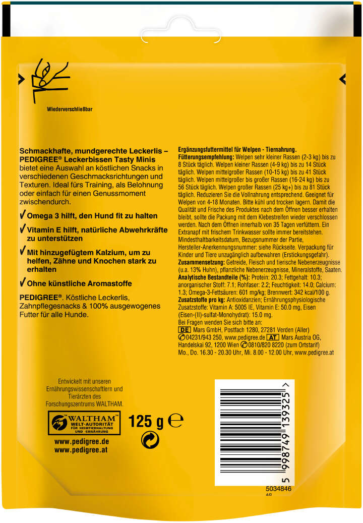 Pedigree Hundeleckerlis Leckerbissen Tasty Minis Junior Portionsbeutel mit Huhn